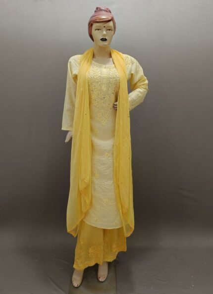 Chikankari Chanderi Silk Suit Set With Mukaish Work
