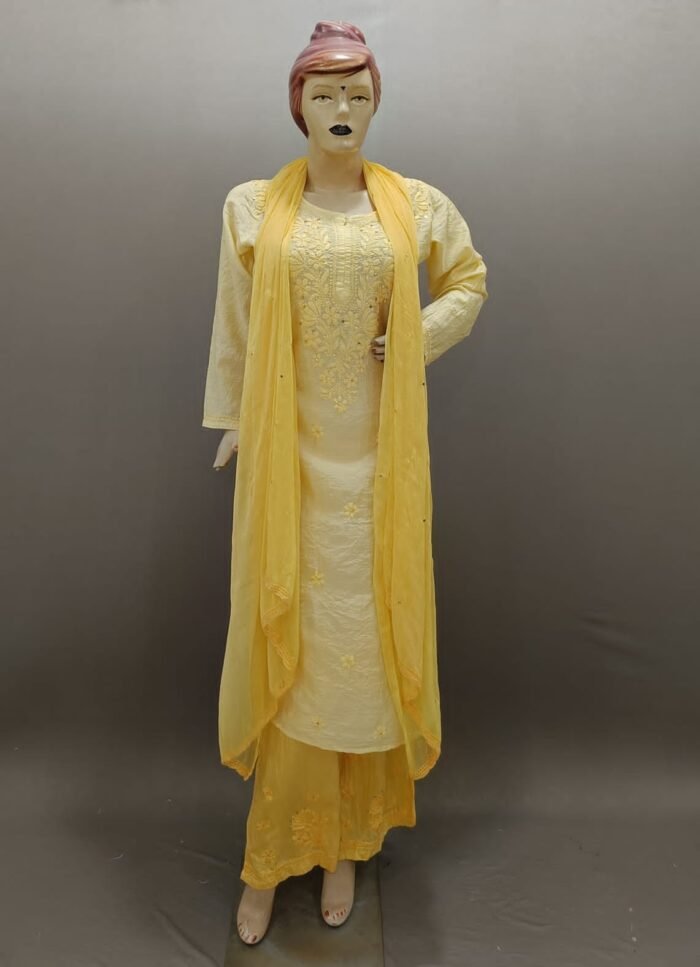 Chikankari Chanderi Silk Suit Set With Mukaish Work