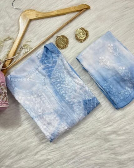 Chikankari Hand Work Tie and Dye Blue Kurta Set