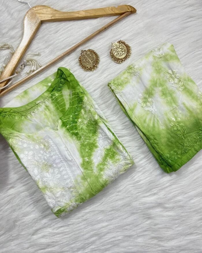 Chikankari Hand Work Tie and Dye Green Kurta Set