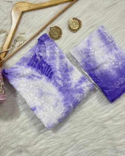 Chikankari Hand Work Tie and Dye Purple Kurta Set