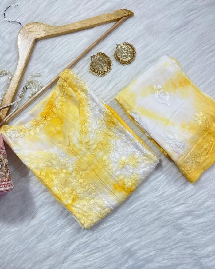 Chikankari Hand Work Tie and Dye Yellow Kurta Set