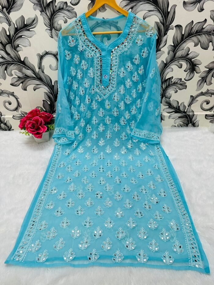 Chikankari heavy buti jaal mirror work kurti (Paan design)