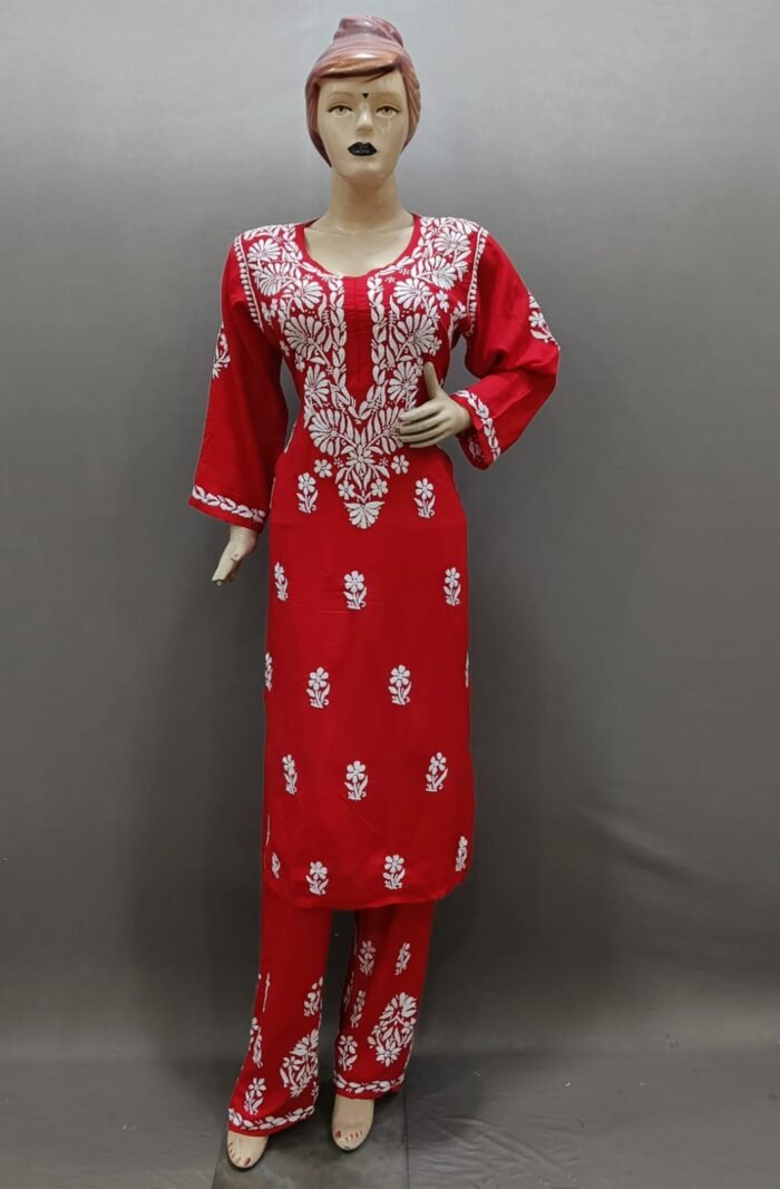 Chikankari Modal Set With Heavy Ghas Patti Work (Red)