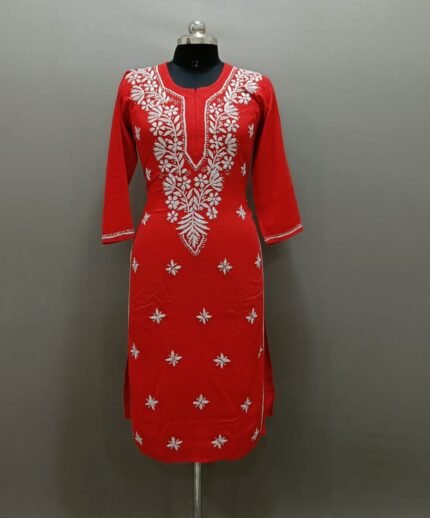 Chikankari Reyon Kurti With Ghas Patti Work