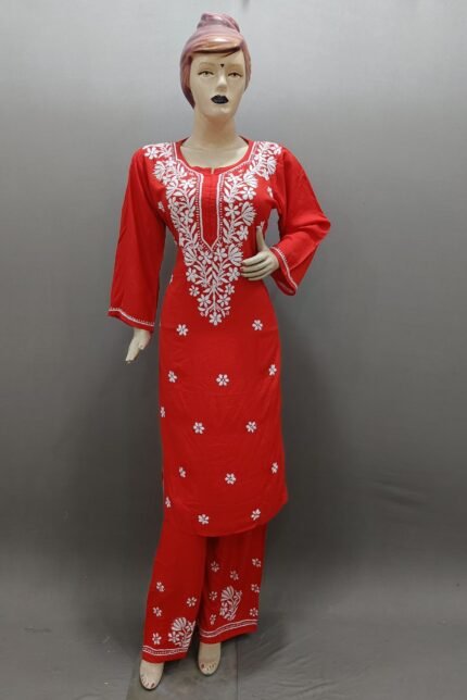 Chikankari Reyon set (Red)