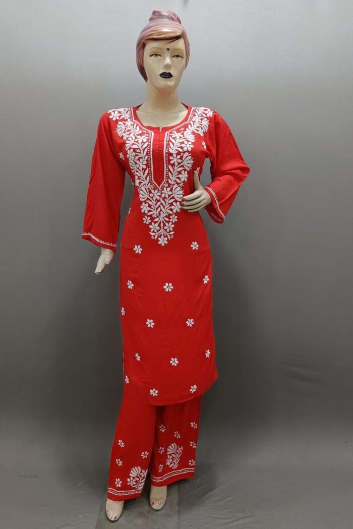 Chikankari Reyon set (Red)