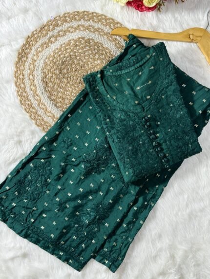 Premium Chanderi co-ord dyed set (Green Color)