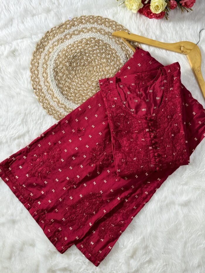 Premium Chanderi co-ord dyed set (Maroon Color)