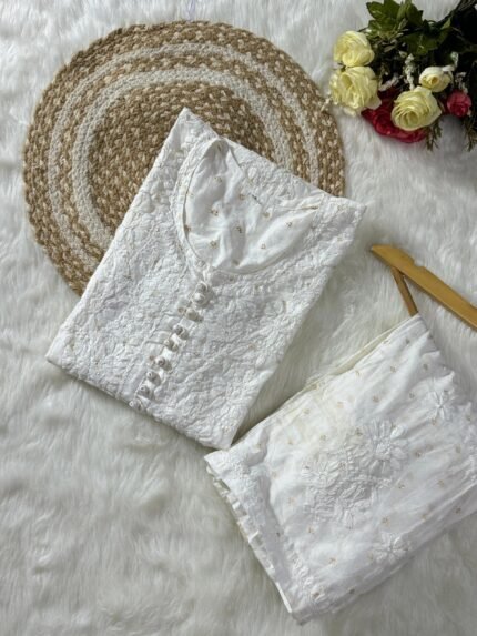 Premium Chanderi co-ord dyed set (White Color)