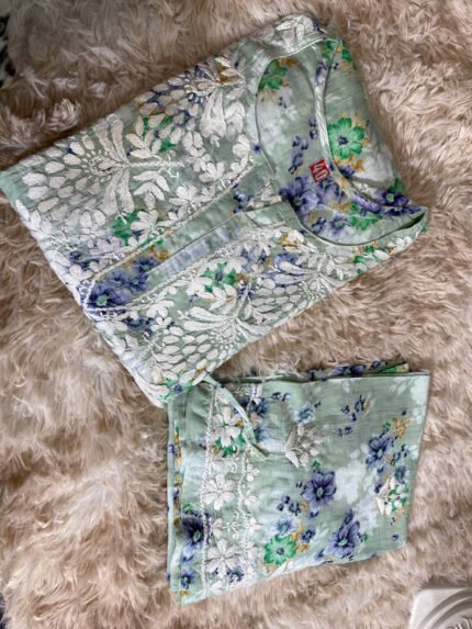 Printed mul chikankari kurta pant set