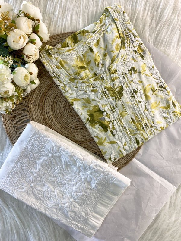 Printed mul chikankari kurti pant set
