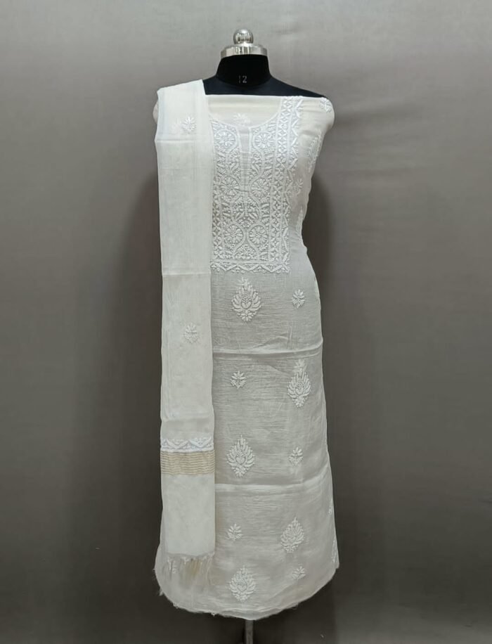 Unstiched Chikankari Three Piece Suit Set Mul Chanderi Fabric