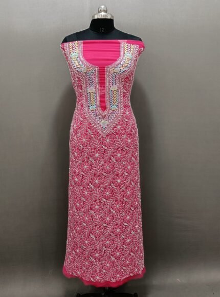 Unstiched Chikankari Three Piece Suit Set With Parsi Work
